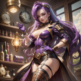 Rarity, Rarity from my little pony, Rarity in the form of a girl, long hair, lush hair, purple hair, twisted hair, Steampunk, body from steampunk mechanisms, golden gears, not human, gear leather, purple boots, white suit, diamond earrings, many diamonds, rhinestones, full-length, a lot of magic, blue runes, blue magic, steampunk style, best quality, very detailed, ultra 8k resolution
