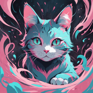 Gato na arte, Cor principal: Preto, Secondary colored cyan, Fundo rosa pastel, artistic, sofisticado, Estilo acolhedor, As formas incluem gatos abstratos, Playful forms, Elegant piece, As texturas incluem texturas de pele, pintura lisa, textura do tecido, Lines contain graceful lines, Curvas naturais, Silhueta delicada, The shape is elegant, approachable, Expressivo, aesthetic.