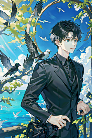 Masterpieces?maximum quality?1 baby boy?Male Focus?twink?Residential area?fence?Spindle tree?Afternoon sunshine?After work?Black suit?backpack?Flock of birds?From the side?Depth Of Field