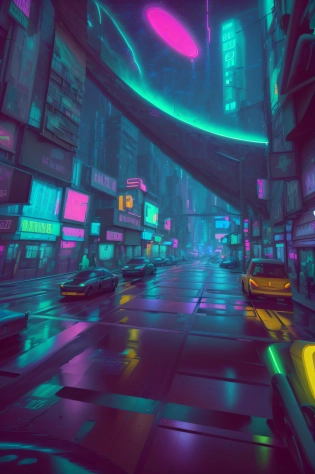 a view of a city street with neon lights and neon signs, cinematic neon matte painting, dreamy colorful cyberpunk colors, futuristic street, neon city in the background, art deco outrun anime aesthestic, neon glow concept art, sci-fi cyberpunk city street, cyberpunk city street, detailed neon cyberpunk city, futuristic city street, cyberpunk street, cyberpunk streets at night