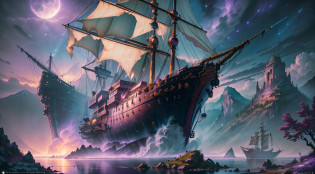 Computer VisualizationGraphics, realistic fantasy, Extensive landscape ultra photography (general view, Shows a huge wooden sailing ship, with deck, 4 Decks, Stern, Hold, + Lots of sails, + Bow, + tanks, + Stern, + ??.!ut + deck
Horizontal Platform - Deck, fullmoon, nigh sky, Blurred background, Warm, yellow, Purple background, Pink, Warm, Magic, 