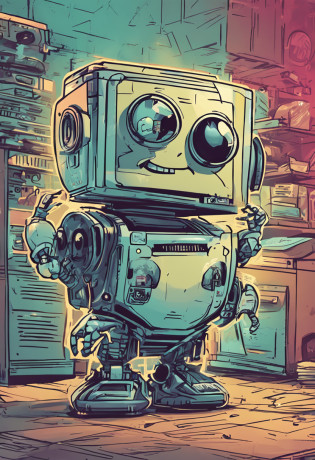 Create a nerdy robot, between 12 and 16 years old, with a captivating smile and that generates emotion in people when they see it, to be used in a technology school brand.