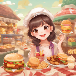 In the center of the face is an animated girl wearing a cute hair ornament,With an innocent smile on his face?She sat in the middle of a pile of snacks,The surroundings are covered with a variety of delicious snacks and desserts,Such as potato chips?Cupcakes?milk tea, etc?The girl holds a large burger in both hands,Open your mouth and gobble it up,There was unabashed appetite and happiness in his eyes?Hamburgers are littered with empty snack packs?The color tone of the picture is bright and warm,The text font is lively and cute?The whole picture is full of innocence and vitality,Convey the passion and joy of food?The pattern stands out 