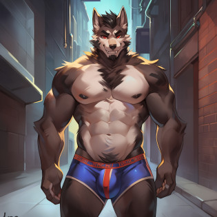 Solo, wolf, (((black body, all black fur, no white fur, no fur pattern, plain fur, plain black fur, black fur, no white fur, no grey fur, the only color on his body is black))), snout, long snout, teeth, smirking, red eyes, muscular, mature male, father figure, dilf, daddy, fangs, massice biceps, wide waist, broad shoulders, strong thighs, white teeth, black hair, very short hair, beard, large hands, detailed hands, well drawn hands, big bulge, detailed bulge, detailed crotch, bulge outline, detailed gential outline, underwear, alleyway, night, dramatic lighting, standing, by darkgem, by mystikfox61, by glitter trap boy, by enro the mutt, by juiceps