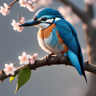 Superb Kingfisher Near White Cherry Blossoms on Branches, Dark, Dawn, (Cold Morning: 1.1), (Morning Dew: 1.15), Realistic Photography, (Low Photo: 1.2), Detail, 8K, Intricate Folded Feathers, Water Droplets on Feathers, (to8contrast style), (MIST: 0.7), Bright Colors, Sony a6600 Mirrorless Camera, embellish2 --v 6
