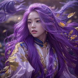 Genki Girl 32K?tmasterpiece?k hd?hyper HD?32K?Long flowing bright purple hair?Autumn Pond?zydink? a color? Asian people ?Genki girl?? ?Silk scarf?? Combat posture? looking at the ground? long whitr hair? Floating bright purple? Fire cloud pattern gold tiara? Chinese long-sleeved gold silk garment? ?Abstract metaverse splash?1.2?? white backgrounid?Lotus vitality protector?realisticlying?1.4??Bright purple hair?Smoke on the road?The background is pure? A high resolution? the detail? RAW photogr? Sharp Re? Nikon D850 Film Stock Photo by Jefferies Lee 4 Kodak Portra 400 Camera F1.6 shots, Rich colors, ultra-realistic vivid textures, Dramatic lighting, Unreal Engine Art Station Trend, cinestir 800?A girl with long flowing bright purple hair