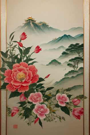 there are two flowers on the wall with a gold border, chinese painting style, chinese style painting, chinoiserie pattern, inspired by Xie Shichen, traditional chinese art, inspired by Yun Shouping, traditional chinese painting, ? ? ?, traditional chinese, chinese watercolor style, qing dynasty, inspired by Pu Hua, chinese art, chinese painting --auto