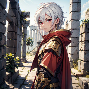 128K Ultra High Definition,
128K Ultra High Quality,
128K Ultra High Resolution,
128K Resolution,
Hyper Detailed,
Hyper Quality,
Hyper Definition,
Perfectly Detailed,
Perfectly Designed,
Masterpiece,
1 Boy,
Anime,
Handsome,
White Hair,
Red Eyes,
Wearing Earrings,
Wearing Necklace,
Jewelries,
Wearing Spartan Armor With Cape,
Ancient Greece Ruins Background,