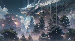 Sky, Clouds, holding_weapon, no_humans, Glow, giant_ trees , cyberpunk_Architecture, 
