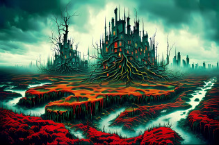 This horror art illustration features a hyper-detailed, mythical landscape viewed from a wide angle top-down perspective. The scene depicts a chaotic urban city surrounded by thorns and a polluted river leading to a morbid waterfall. The sky is filled with polluted madness, adding to the eerie and haunting atmosphere of the piece. The artwork was created through a collaboration between artists Michael Whelan, Dan Seagrave, and Marcos Miller, showcasing their combined skill in the production of surrealistic and horror elements. The intricate details throughout the artwork make it a hyper-detailed and haunting portrayal of a polluted and dystopian world.