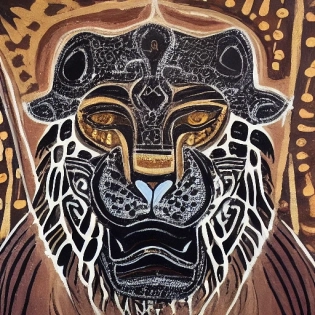 Painting with a cinematographic setting of an elegant jaguar with white, black and gold colors with pre-Hispanic decoration