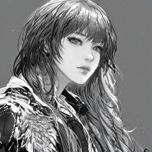 DBfantasyart style, masterpiece, 1girl, a beautiful portrait of a long haired female, manhwa, highly detailed, 8K resolution, black and white suit, cute face, lovely, cute, serious, leather jacket, nature in background