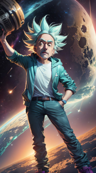 ((Rick Sanchez)), Rick e Morty, Hiper realista, cinemactic, on space , pensativo , reflexivo , Ultra realista , 4k , na lua olhando para o planeta terra , rick esta de longe na imagem ,