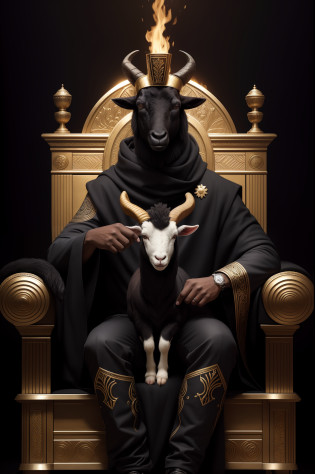 Hybrid man with man's body and goat's head, imagem hiper detalhada, ele esta sentado em um trono de fogo e tem muito ouro em volta, your hyperdetailed hand and fingers, your eyes are red, sorriso de poder, He owns the world, seu copo aparece por completo sentado no seu trono de fogo. is to give black color, but his head is that of a black animal goat.