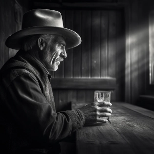 a cowboy having a drink inside an old western saloon, black and white, photorealistic, detail rich, 16k, atmospheric, photograph, cinematic, shot on Hasselblad H4D 200MS Digital Camera, Mitakon Speedmaster 65mm f/1. 4 XCD, Fresnel lighting, --v 5