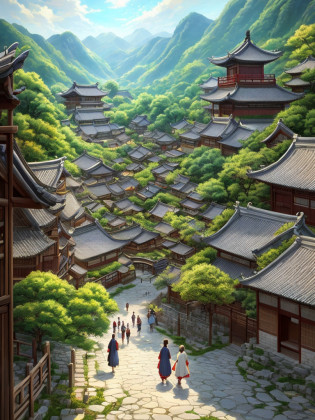Anime scenery of a village with a lot of people walking around, detailed paintings of Liu Haisu, CG social trends, concept art, anime village landscape, ancient Asian village, Chinese village, Japanese village, Japanese countryside, Japanese traditional concept art, beautiful anime scene, anime background art, fine picture, masterpiece, best quality, 8K, fine characters