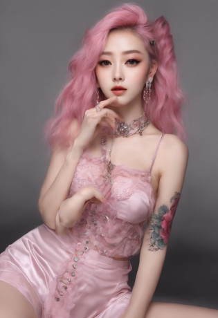 A beautiful Korean girl?Long pink hair?Tattooed with?full bodyesbian?Wearing a collar?Wear a black lace bra?Wear black lace panties?Wear stiletto heels?Wear black pantyhose?Bad girl?s the perfect face?Put on light makeup?Wear a ruby ring?Cool and funky style?On the dance floor?Ultra photo realsisim?8K