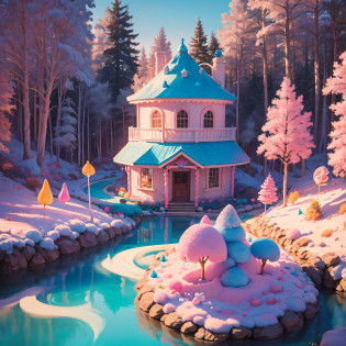 masterpiece,first person view,(a little candy house),(a candy land style house), cotton candy trees, everything is made of candy, cotton candy, candy land,made of candy, made of candy and lollipops , sculpted in candy, candy forest, candy coated, Raw photo, hyper-realistic, maximum details, intricate details, Pink Forest?Candy World?Lollipop tree?wide wide shot?Superior lighting effects?Gradient peaks?Cream cloud?cotton candy cloud?Juice River?Blue sky?Pixar animation style?magical fairy background