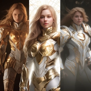a woman who is wearing armor and standing with light in her hands, in the style of multi-panel compositions, unreal engine, chad knight, detailed facial features, elaborate costumes, kelly sue deconnick, light white and light bronze --v 5. 1