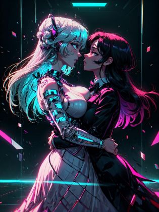 (masterpiece:1.2, best quality:1.2, beautiful, high quality, highres:1.1), detailed, extremely detailed 4K, perfect eyes, perfect face, perfect lighting, <lora:tool_addDetail:0.25>,(2girl, duo, yuri, adult female, mature female, height difference), <lora:detailed_eyes:1> ,
<lora:style_retrowaveTech_(retrowavetech--virtual--vaporwave--wireframe--scifi):1.0>, retrowavetech, virtual, vaporwave, scifi, wireframe,
retrowavetech church background, lesbian wedding, 
woman wearing retrowavetech wedding dress, almost kissing, looking at each other lovingly, females only, (long hair, large breasts, glowing neon clothes:1.2), exposed shoulders, detached sleeves, cleavage, hugging