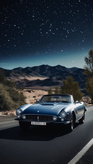 Luxury car Ferrari Position: Middle, slightly lower Scene: On the road Above: Starry sky Deep blue night sky Details: Ferrari details, Road details (wide, straight, gray asphalt, center line, small rocks, tree decorations), Starry sky details (stars, constellations, nebulae, galaxies) Adding depth and details: Possible city skyline or distant mountains.Luxury car Ferrari Position: Middle, slightly lower Scene: On the road Above: Starry sky Deep blue night sky Details: Ferrari details, Road details (wide, straight, gray asphalt, center line, small rocks, tree decorations), Starry sky details (stars, constellations, nebulae, galaxies) Adding depth and details: Possible city skyline or distant mountains. Analog Film