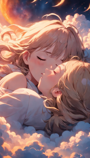 ?masterpiece, Highest Quality, MovieSteel, 1woman, Cloud Girl, Floating in the sky, close-up, brightness, happiness, Warm and soft lighting, sunset, Sleeping, Sleep on your stomach, sleep, eyes closed. (sparks:0.7)