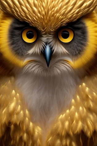 3D Portrait of a A cute and furry Owl with exotic Feathers of metallic texture and big yellow eyes, 8k
