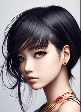 a woman of agnes cecile?Bright design?PastelColors?Ink dripping?autumn lights  ?Bangs?quill?Beautuful Women?Eyebrows are visible?Beautuful Women?Beautie?long lashes?fine portrayal?Precise depiction?Line drawing?A Japanese Lady?Short black hair?The tattoo?piercings?bangle?Fluorescent pink hair stopper?Plain background?White background