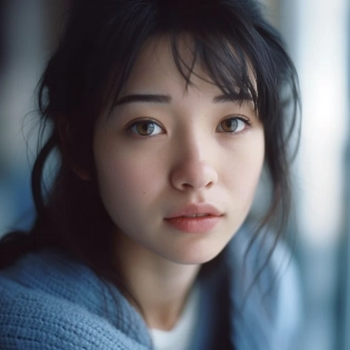 A close-up of a 25-year-old Japanese girl singer idol makeup. Photography: "Captured with a 50mm lens, this photograph of a 25-year-old Japanese girl exudes a sense of serene contemplation. Inspired by the works of Japanese photographer Rinko Kawauchi, the soft focus and muted colors of the image convey a sense of introspection. " --stylize 1000