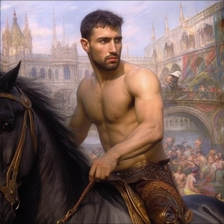 Ultra-Wide Angle - Pull the camera very far back from subject, ANCIENT ROME BACKGROUND, show legs, muscular, handsome man, standing, riding a horse, perfect horse, he wears a loin cloth, perfect eyes, perfect face, sharpen, brilliant colors, orientalist, intricate, by William Blake Richmond, john william waterhouse and edwin longsden long and theodore ralli, cinematic, hyper realism, dramatic lighting, photo-realistic, high detail