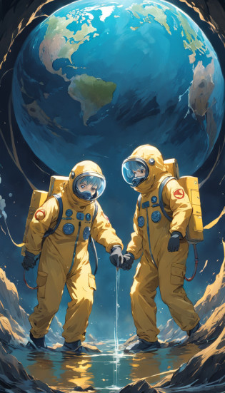 ?A cartoon of 2 men in nuclear protective suits pulling the earth apart???Wear yellow nuclear protective clothing?The costume has the Japanese flag emblem on it?A planet of suffering?aquatic creature?Sewage flows out of huge pipes above?There are nuclear signs on the pipes???Dark blue gradient background?