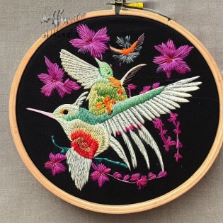 embroidered circle with hummingbird on black background and a lot of texture, frontal view, neon iridescent colors, embroidery style