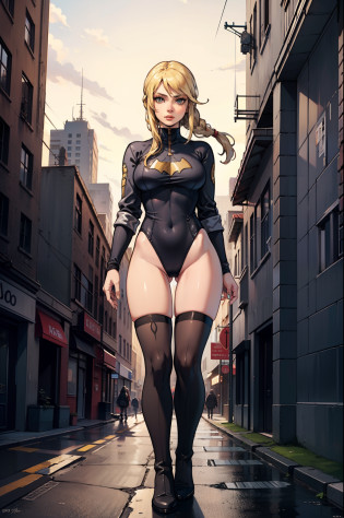 masterpiece, best quality, agrias, grey sweater, tight black leotard, standing, looking at viewer, blonde hair, superhero, bare legs, matching thigh-high boots, city backdrop