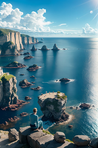 There is a woman in a swimsuit sitting on a cliff overlooking the sea, Max Reeve, sea cliff view, breathtaking view, Alexander Kucharsky, Etienne Delessart, Alexei Egorov, breathtaking landscapes, magnificent matte paintings of the island, magnificent scenery shots, magnificent and stunning, sea scene on the cliff side, amazing scenery in the background, breathtaking shots, Amazing scenery