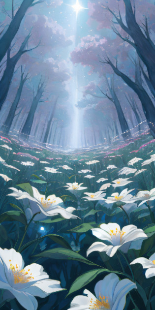 A vacant lot?Flowers grow in open spaces?In the distance is a dark forest?The flowers are bright?light sparkles?Clear skies change from above to dark skies?Look at the camera from below?Dark lighting?volume illumination?super-detail?Environmental details?highs quality?coverpage?Fantasia?Arte?Obra-prima?best qality