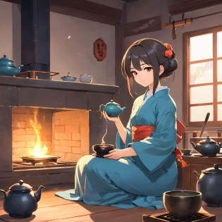 Anime girl in hanfu sitting next to teapot, Boiling a teapot over charcoal on the stove, Side Body?Stove?Charcoal fire should be small?The fire should be a little smaller?teapot?Authors?by Qu Leilei, Authors?Chen Da-fu, Authors?Xia Gui, Authors?Elephant Yigi, by Yang J, Authors?Qiu Ying, Authors?Chen Jiasui, Authors?Shaggy, Authors?Hsia Yong, Authors?Yao Tingmei, Drinking tea, by Li Song