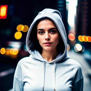 RAW photo, (masterpiece), best quality, extremely detailed, delicate and beautiful, photorealistic illustration, a woman wearing hoodie, in new york city, sharp focus, ((portrait)), ((full body))