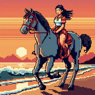 Asian girl rides horse on the beach at sunsetAsian girl rides horse on the beach at sunset Pixel Art