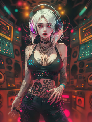 Upper body, Female vampire DJ, Look at the crowd?Vampires,Wear a bikini?Tattooed with?Red eyes?White hair? Quirky, Vibrant appearance, Playful accessories, Bright colors?Creative behavior, Rambled, Sensual, Spontaneous, DJ headphones, ((Mixing Console)), glitchpunk girl, raver girl,Music Clubs, night club, Independent cinema, People dancing on dance floor background, Underground danceclub, Underground danceclub?night club, Highest quality, Skin texture, Intricate details, (Cinematic lighting), RAW photo, 8K?Psychedelic surrealist art?Surrealist psychedelic design?dream art style?Illusion psychedelic art? Colorful dark vectors,