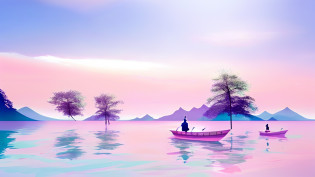 There is a painting on the lake?Men and women on boats on the lake, pink landscape, bubbly scenery, vaporwave surreal ocean, in a surreal dream landscape, ethereal landscape, Dreamy landscape, vaporwave wallpaper environment, surreal dream landscape, a surreal dream landscape, vaporwave ocean, surreal dreamscape, forest pink fog planet, vaporwave sunrise background, dreamy scenes