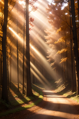 Autumn view?Sunlight shines through the woods on the dirt roads in the woods, rays of life, sunlight beams, Sunlight beam, forest ray light, The Holy Light shines, holy light rays, rays of sunshine, shafts of light god rays, llight rays, Light shining through, beam of light, sunlight shining through, Illuminate the light, Some light