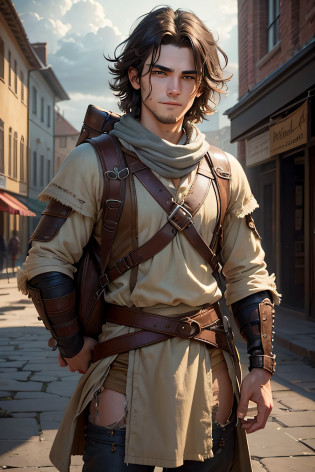 A young protagonist ,with a rugged charm and piercing eyes that reflect determination, Lysander Stormborne carries an air of quiet strength. His tousled, dark hair frames a face marked by the passage of trials, yet his smile holds a glimmer of hope. Clad in worn but meticulously kept attire, he exudes resilience and determination, embodying the spirit of someone who has weathered storms and emerged stronger. , determined eyes and a backpack ,stands in a vibrant town square. The sun breaks through the clouds, illuminating the surroundings