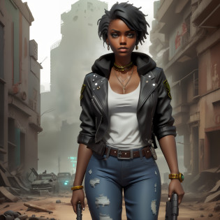 there is a woman with a gun standing in a city, stylized urban fantasy artwork, female lead character, in a post apocalyptic city, urban fantasy style, urban girl fanart, a black dieselpunk policewoman, centralized urban fantasy, an edgy teen assassin, beautiful city black woman only, urban fantasy romance book cover, in a post apocalyptic setting