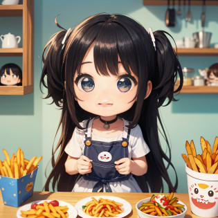 perfect-composition?Perfect pictorial composition?Cartoon girl with long hair?cartoon artstyle?Cartoon Cute Girl?Chibi Girl?Chibi?cute cartoon style?Cute art style?Cartoon style?Cartoon style illustration?Digital art of cartoons?Cute digital art?Cute anime girl?Chibi?estilo chibi?Kawaii Girl?an anime drawing?pop-art?Cartoon style illustration??Equivalent?Head large?kawaii eyes?radiant eyes?Sparkling eyes?kawaii faces?Innocent face?smooth hair?Black hair?Black hair?Potato fries?french fried?French fries in cooking?kindly smile?Eat french fries
