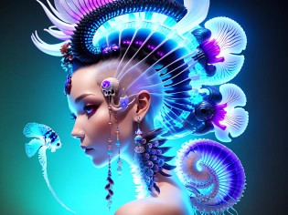 goddess close-up portrait skull with mohawk, ram skull, skeleton, thorax, x-ray, backbone, jellyfish phoenix head, nautilus, orchid, skull, betta fish, bioluminiscent creatures, intricate artwork by Tooth Wu and wlop and beeple. octane render, trending on artstation, greg rutkowski very coherent symmetrical artwork. cinematic, hyper realism, high detail, octane render, 8k