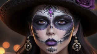 [dark mexican street background::5], close-up realistic portrait photograph, woman, (dios de la muerte:1. 2), skull (makeup:1. 3), highly detailed realistic intricate facial features, dark purple lips, mexican ornamentals, [wide brim ornamented mexican hat, black roses::10], dramatic lighting