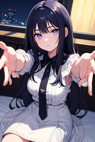 highres, highest quallity, illustration, cinematic light, ultra detailed, detailed face, (detailed eyes), best quality, hyper detailed, masterpiece, (detailed face),1girl, girl, long black hair, purple eyes, highest details, luminous eyes, sitting in bed, sitting, bed, window, night sky, lake outside, moon, full moon, backlighting, light rays, (high contrast), (colorful),