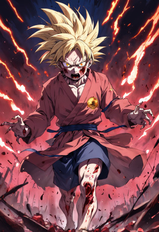 Um Super Saiyajin Zombie, No meio de uma guerra zumbi, sangue coagulado, sangue, Blood Sparks, horror, 12k