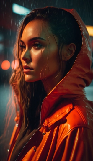Jessica Alba, looking away, in a coral raincoat, rain, night, neon signs, Chinatown behind her, --ar 9:16