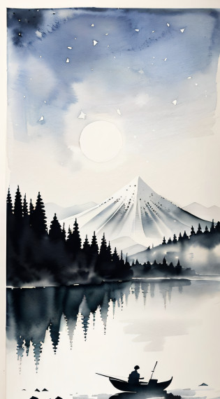 ink and watercolor painting?Dessiner sur papier de riz?Use thick, Light ink to create shading variations and layers?Choose the right ink color?Comme le noir profond?Thick grey?Light coffee, etc?Express different situations and atmospheres?Control the gradient and transition of ink color by ink moisture and consistency?mont?Eau?Les arbres?Flocons de neige volant dans le ciel?Surface du lac?Small broken boat?ablette, desolate, Nous avons?A huge full moon rises on the horizon?Eventide?Plan large?Clair de lune frais?Tons noir et blanc?The background is a snowy scene,There are dead trees on both sides of the picture? Traditional Chinese Ink Painting, art traditionnel chinois, auteur?Guo Xi, auteur?Ma Yuanyu, Peinture traditionnelle chinoise, auteur?Hirsute, auteur?Create Mu, auteur?Yang Buzhi, auteur?Li Kela, auteur?Gu An, Blotting of ink painting ) ) ) ), India ink painting, Style de peinture chinoise